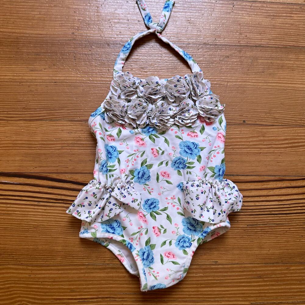 Mudpie Baby white floral halter ruffle one piece‎ swimsuit SIZE 12M